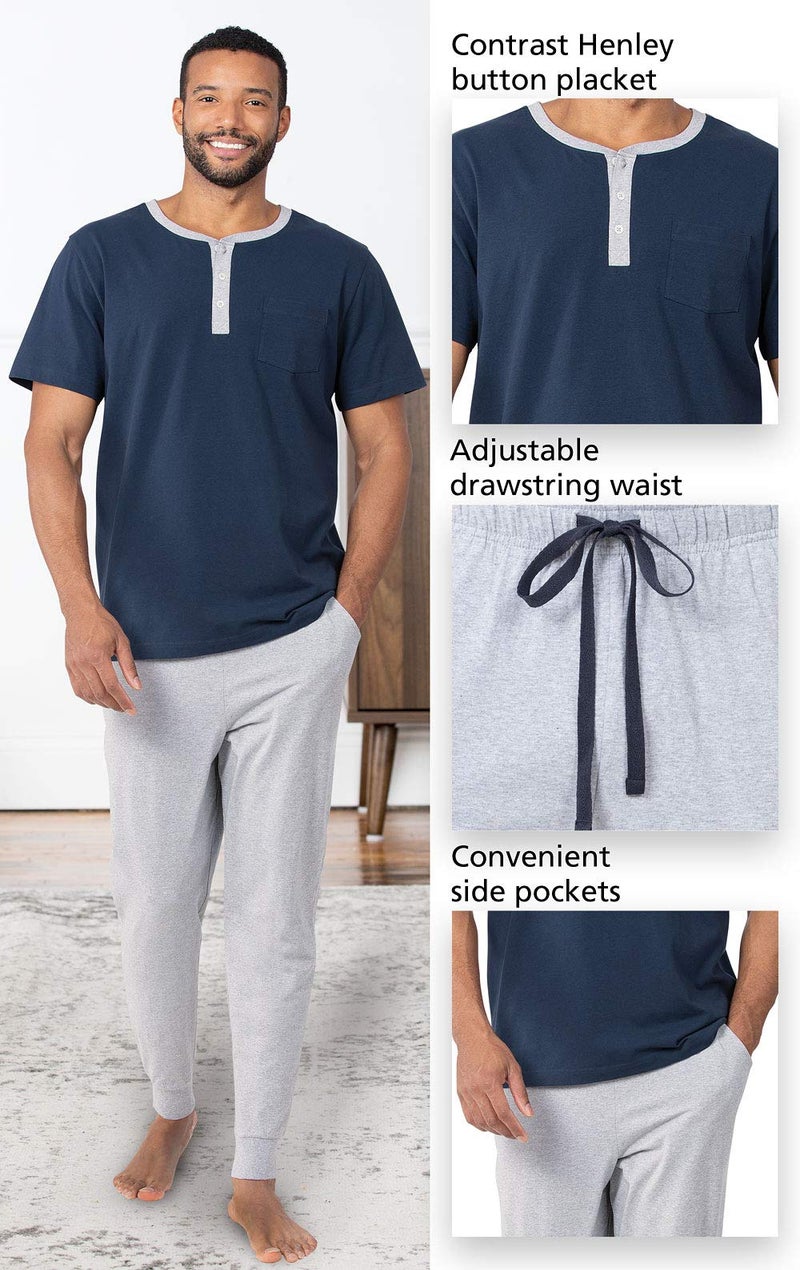 PajamaGram Mens Lightweight Jogger Pants Pajama Set 100 Cotton PJ Sets for Men Casual Joggers for Men with Pockets Sets Gray Jogger Pants for Navy Blue Short Sleeve Henley Top LG - Image 4